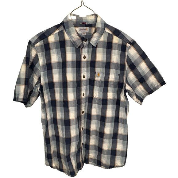 Carhartt Men’s Short Sleeve Button Down Shirt Size L Blue Plaid 100% Cotton - Picture 2 of 12
